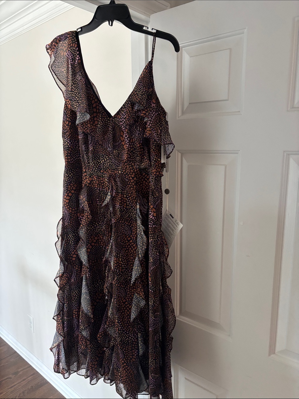 New! Mikael Aghal Size 10 Ruffled V-Neck Midi Dress in Black and Brown Dot Print